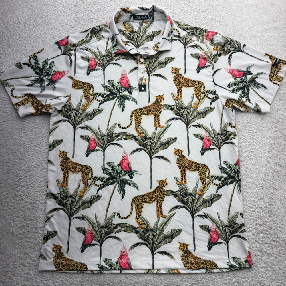 Bad Birdie Mens 2XL Leopard Cockatoo Tropical Print Golf Polo Shirt White